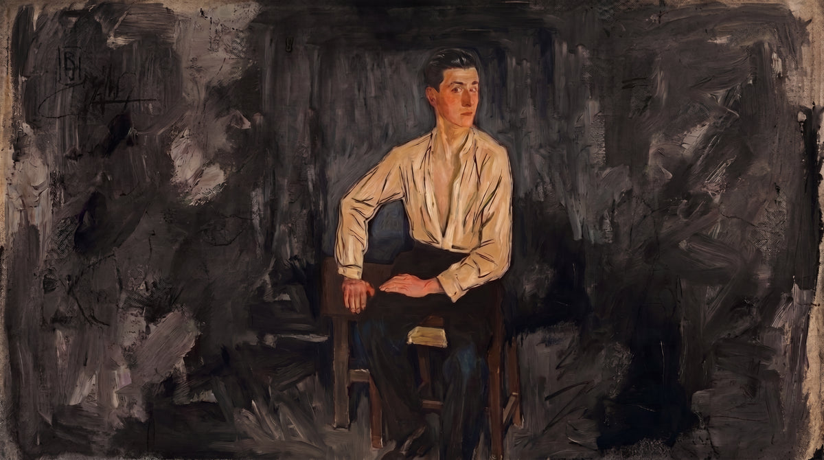 A painted portrait of a young man seated in a plain shirt